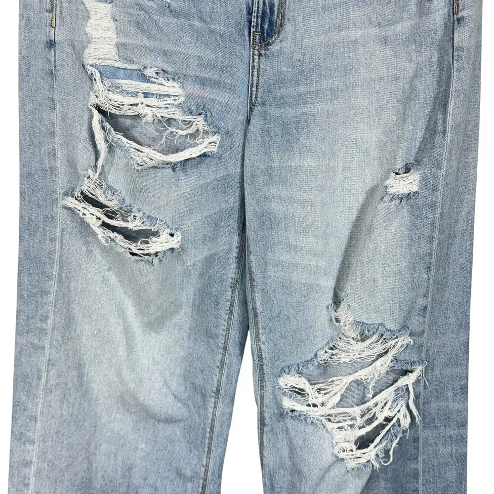 American Eagle SZ 10 Skater Jeans Wide-Leg Distressed Rips Zip-Fly Hi-Rise Blue - Picture 3 of 12